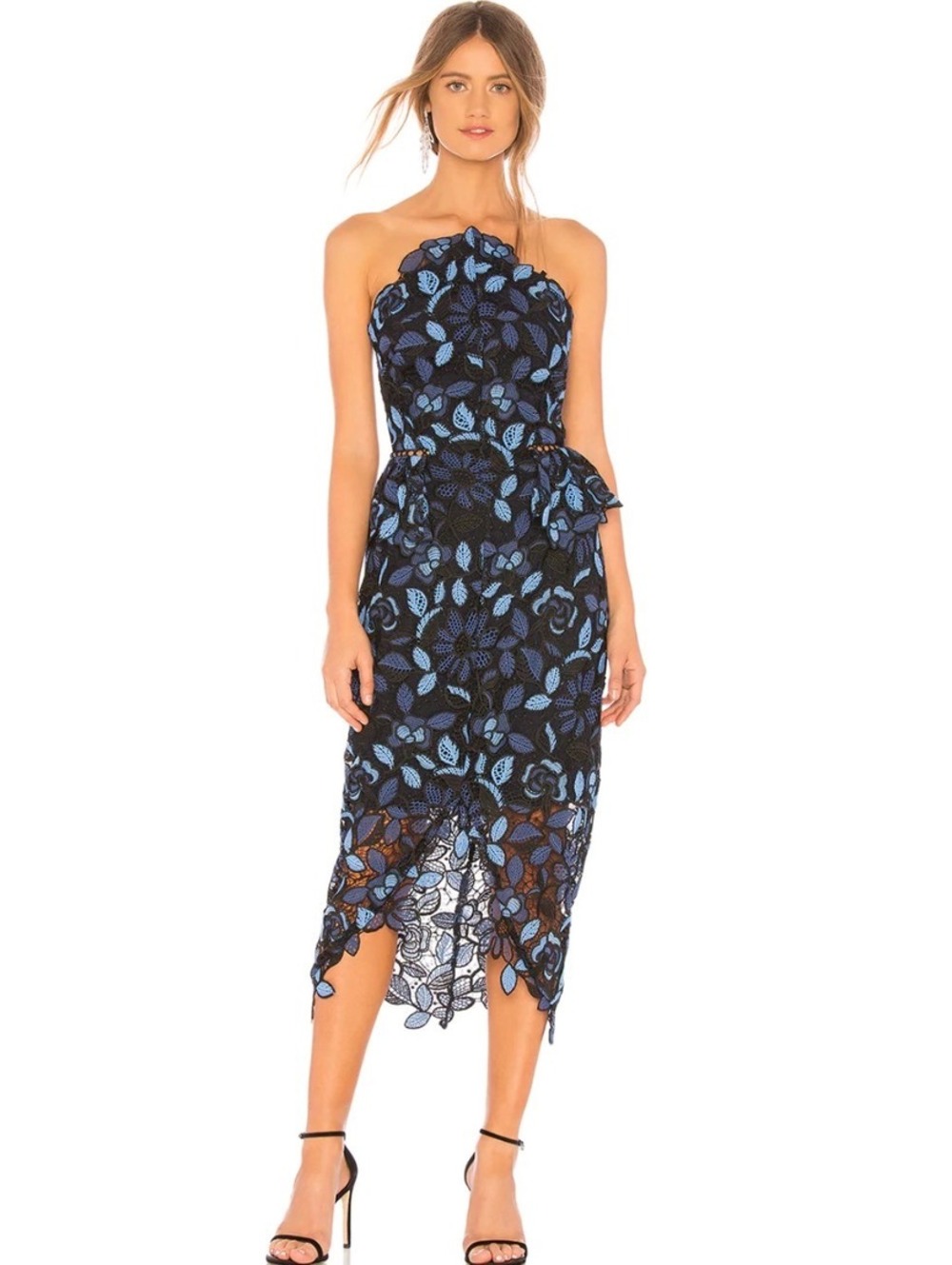 Elliatt Times Dress Sz M Strapless Blue Black Floral Lace